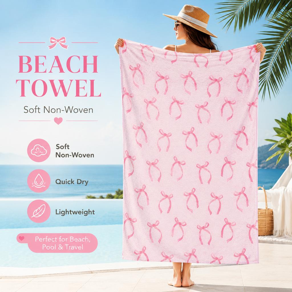 Pink Bow Beach Towel flat print Coquette Aesthetic Ribbon Bath Towels for Summer Holiday Pool Party Outdoor Travel Shawl