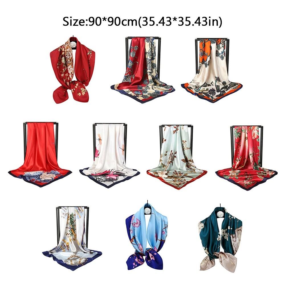 90*90cm Hijab Scarf Floral Pattern Neckerchief Simple Silk Square Scarf