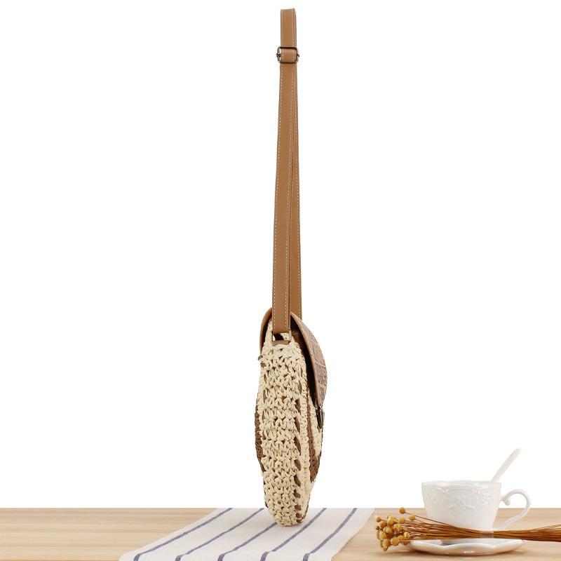 Bolsa feminina boho tecido verão praia sacola de palha redonda bolsa de ombro de vime