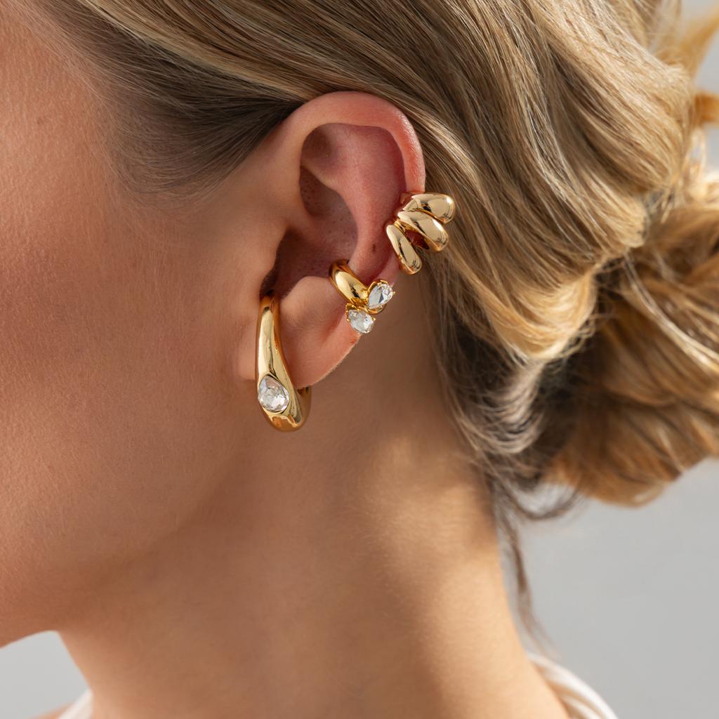 Salircon 3 Pcs/Set Trendy Vintage Gold Color C-shaped Clip Earrings Women's Unique Creative Rhinestone Piercing Earrings Jewelry