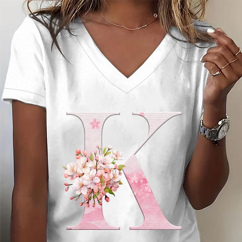 Pink Sakura 26 Alphabet Fashion Casual Tops Unisex Cherry Blossom Lover Vneck Short Sleeve Tshirt Letter R Floral Gift Clothing