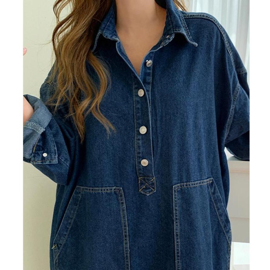 Korean Loose Drawstring Denim Dress Women Chic Split Women's Dresses Elegant Blue Pocket Dresses Korea