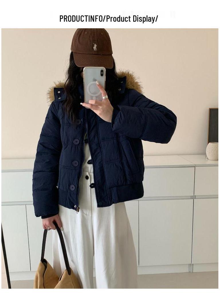 Women's Navy Blue Hooded Cotton Coat with Faux Fur Collar - Warm Winter Short Jacket