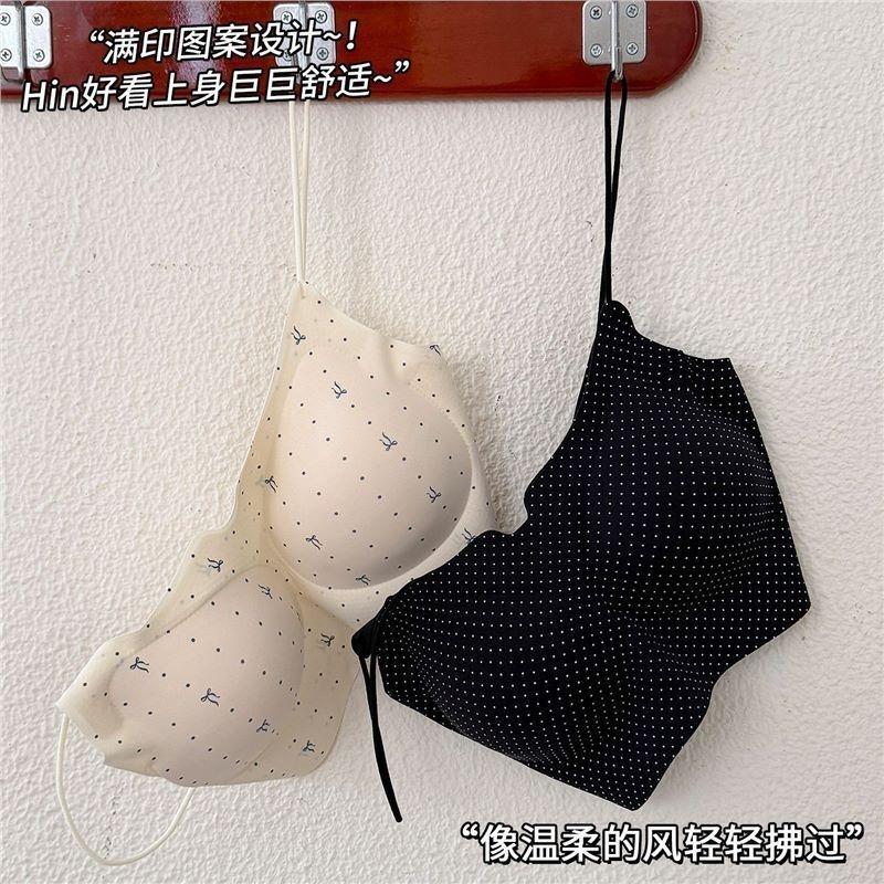 Polka Dot Bow Print Seamless Thin Strap Back Beauty Fixed Cup Vest Bra