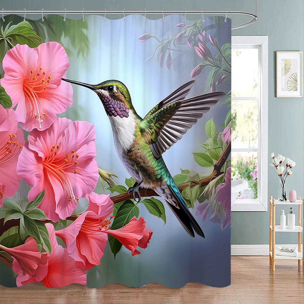 Tropical Plant Parrot Shower Curtain Watercolour Monstera Palm Leaf Birds Pink Floral Green Leaves Bathroom Curtains Home Decor