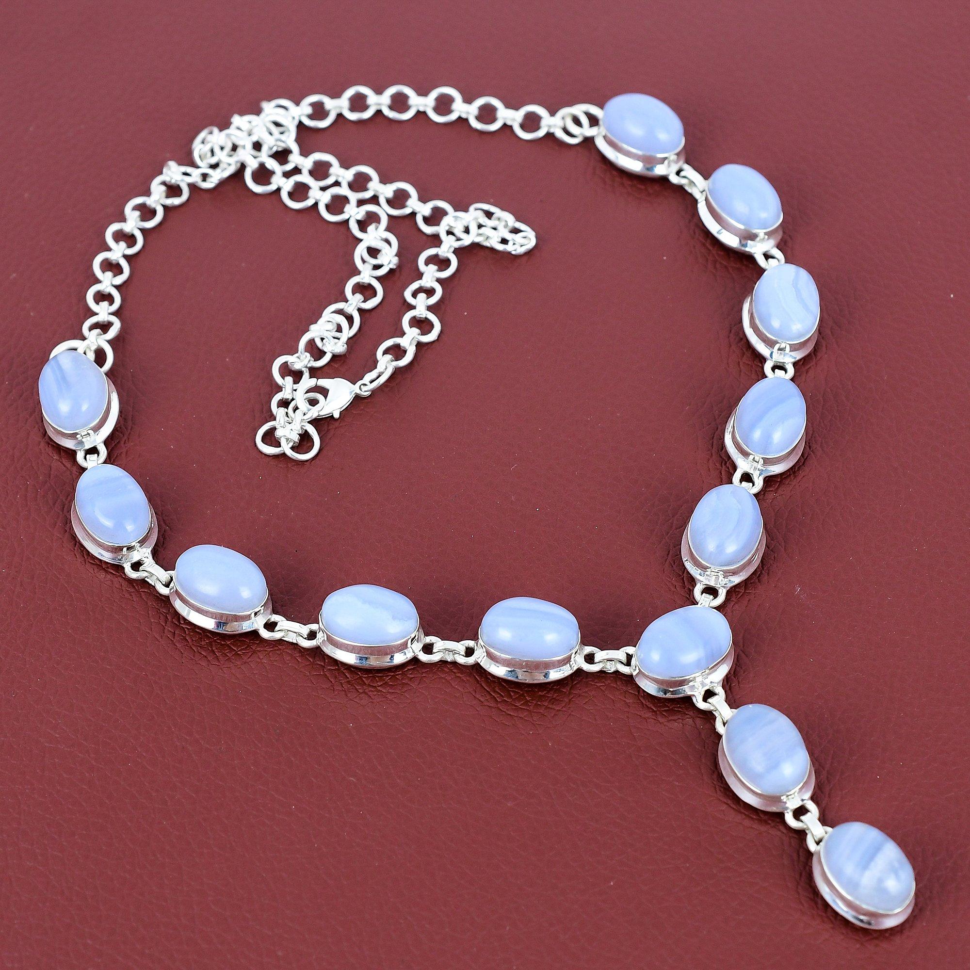 Ожерелье из голубого кружевного агата, ожерелье из серебра 925 пробы, ожерелье с регулируемой цепочкой, украшения из натуральных драгоценных камней, ожерелье ручной работы, подарки на годовщину Adjustable