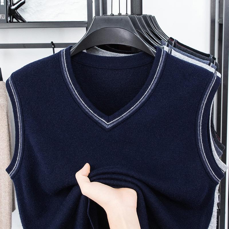 Men's V-Neck Wool Knit Vest - Autumn/Winter Solid Color, Middle-Aged & Elderly Style