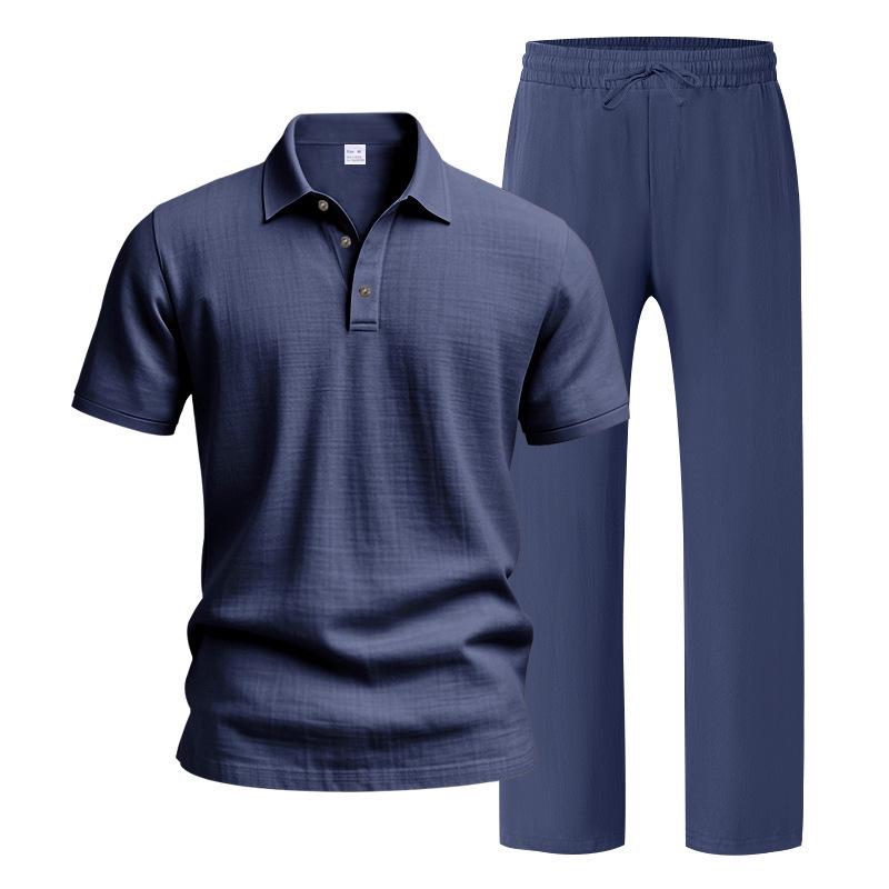 Men's European & American Linen Beach Set: Short-Sleeve Polo Shirt & Long Pants