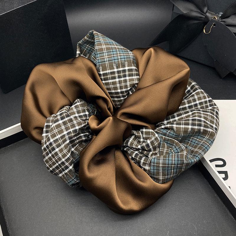 Elegant French Plaid Patchwork Hair Tie for Women - High-End Retro Style