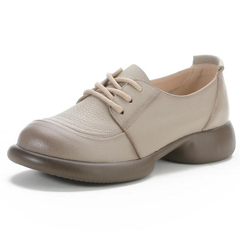 Women Flat Shoes Spring Autumn Round Toe Lace-Up Genuine Cow Leather Soft Sole Comfort Casual Single Shoes Woman