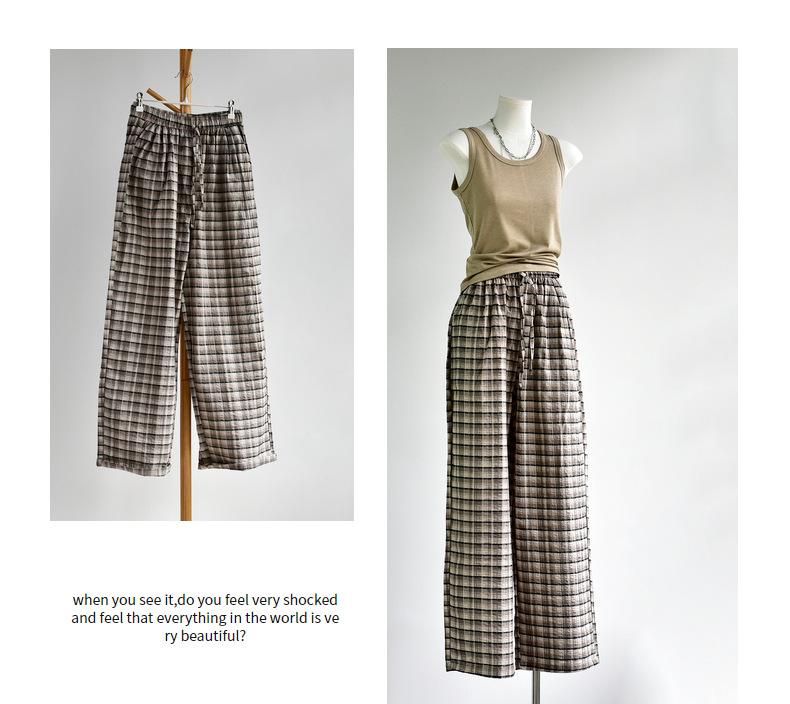 

[Pure cotton style pants] Summer women s pants new pure cotton plaid thin straight wide-leg casual pants xl ( 60-70kg ) хакі