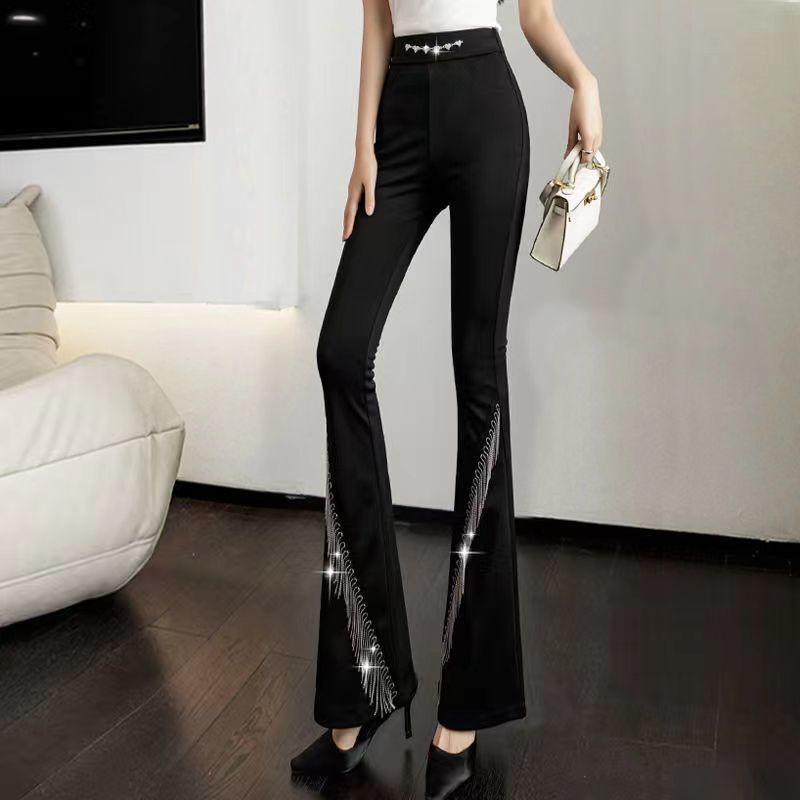 Korean Fashion Diamond Chain High Waist Flare Pants Women New Black Elastic Tassel Slim Sexy Casual Versatile Straight Trousers