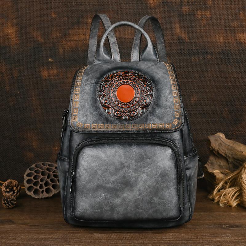 

Johnature Винтажный женский кожаный рюкзак ручной работы с тисненым тотемом, большой вместимости, универсальные дорожные сумки серый
