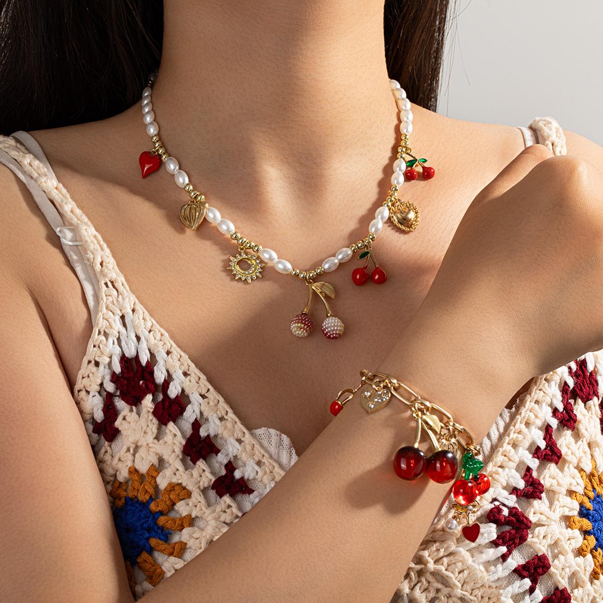 Vintage Cherry Love Imitation Pearl Necklace & Bracelet Set, Niche Design Clavicle Chain, Sweet & Cool Style Versatile Jewelry