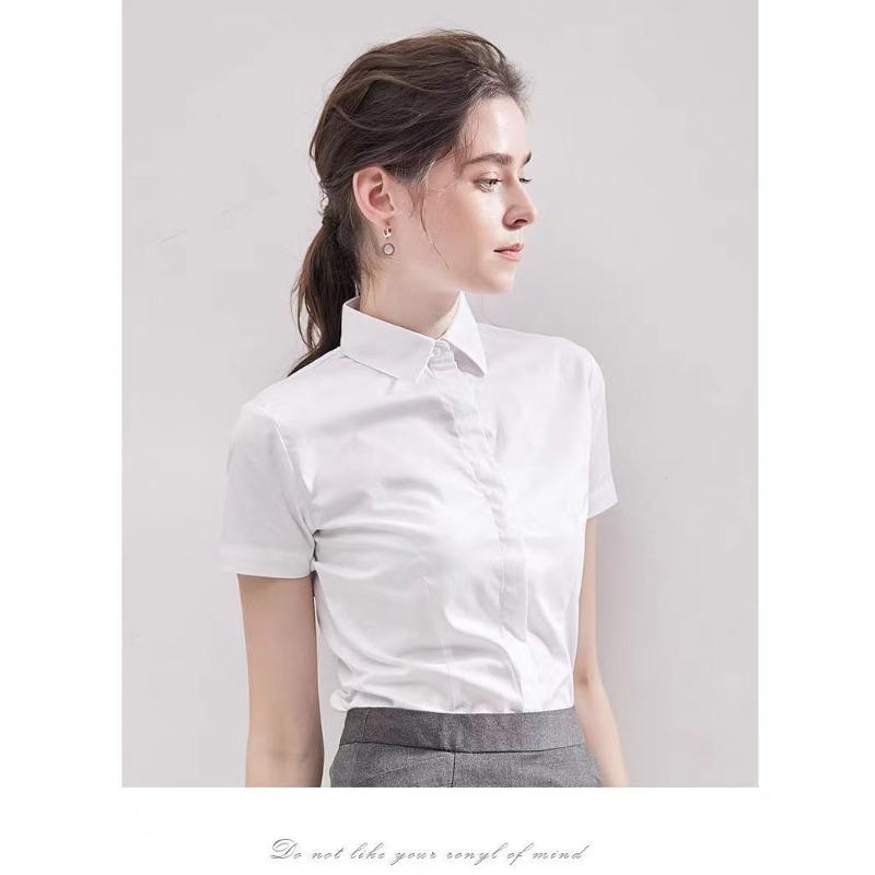 Women's Mandarin Collar Cotton Blouse Casual Slim Fit Long Short Sleeved White Shirt for Office Wear