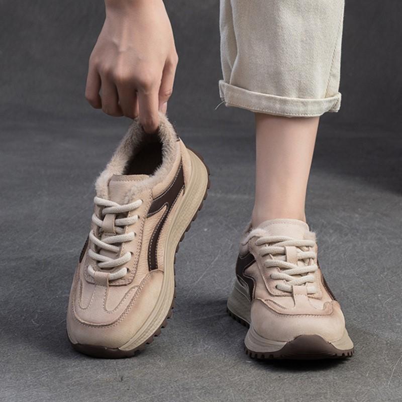 Johnature Genuine Leather Sneakers Plush Warm Cotton Shoes Retro Versatile Casual Women's Shoes