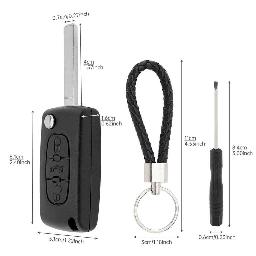 3tlačítkový náhradní skládací klíček do auta pro 207 307 308 407 / Citroen C1 C2 C3 C4 s kroužkem na klíče, šroubovákem, skořepina klíče do auta odolná proti opotřebení