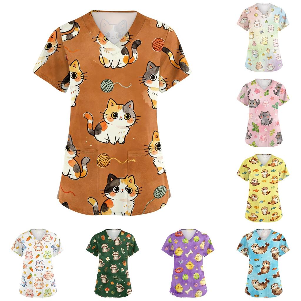 Women V Neck Short Sleeve Work Top with Pockets Animal Print Medical Uniform Scrub Shirt for Healthcare Professionals Nursing Staff