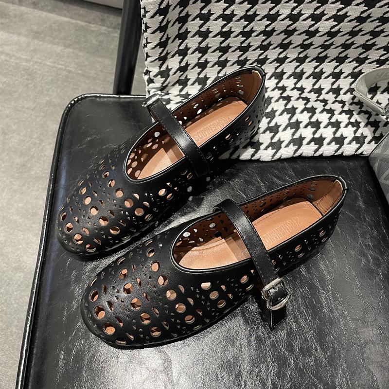 Spring and summer leather shallow mouth one-word buckle belt hollow round head flat sole shoes women's ballet boat shoes leather shoes