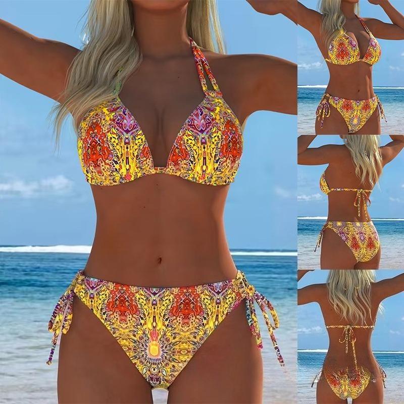 2026 New European and American Printed Bikini Split Swimsuit Women's Thin Lace-up Beach Fashion Swimsuit Suit