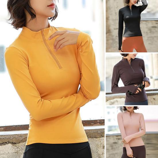 

Женский спортивный топ с воротником-стойкой на молнии, эластичный однотонный мягкий дышащий пот, впитывающий пот, с длинным рукавом, облегающий пуловер, футболка для упражнений, спортивная одежда
