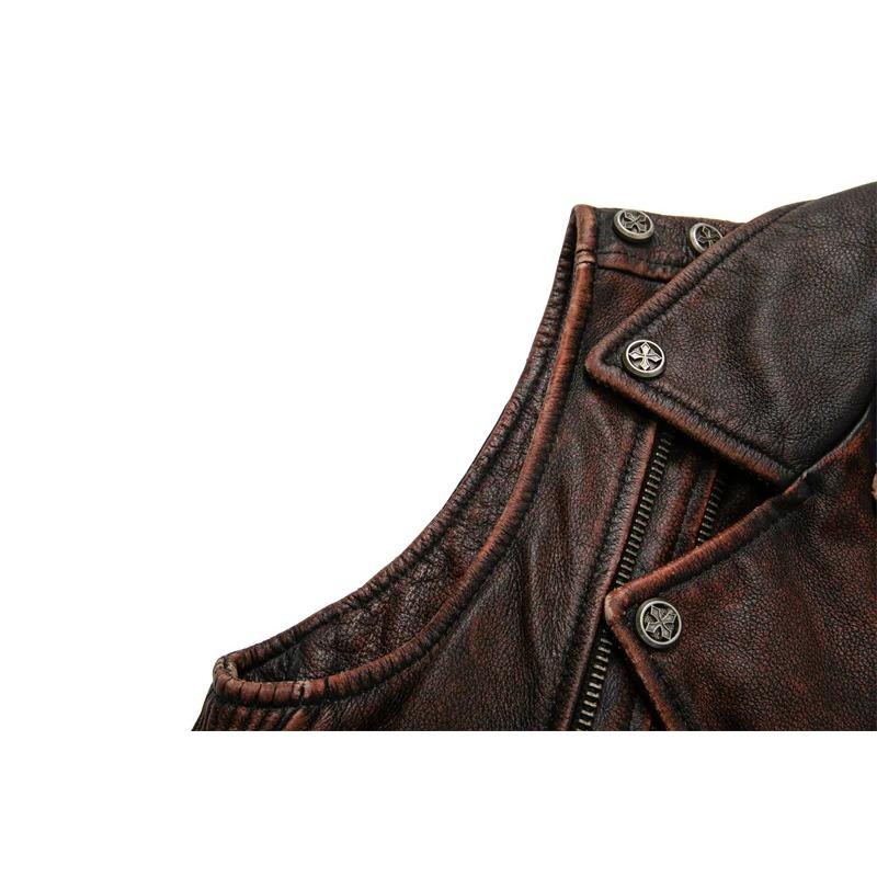 Čínská velikost Vintage hnědé motocyklové vesty Muži Přírodní hovězí kůže Bunda z pravé kůže Pánská jezdecká vesta bez rukávů Motorkářské bundy