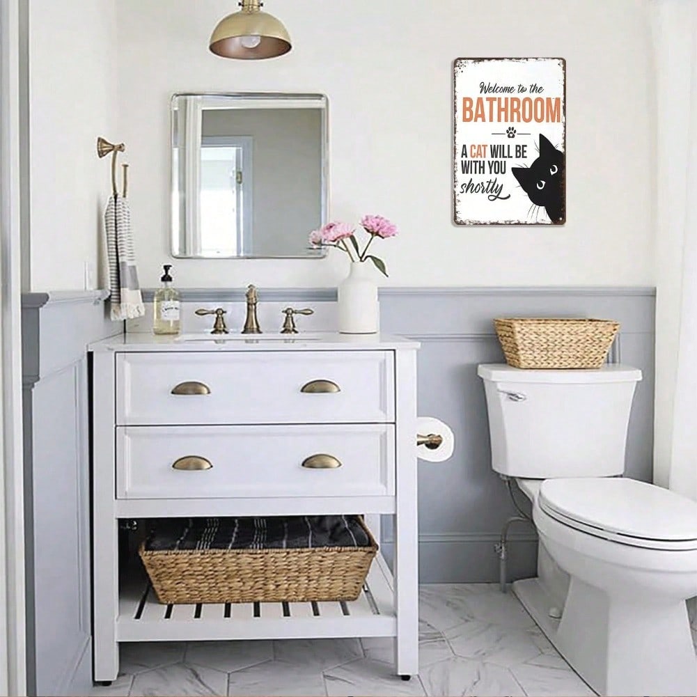 Funny Cat Bathroom Metal Sign Vintage Black White Retro Tin Poster 8x12 Inch Wall Decor