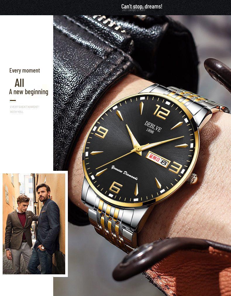 Men's Ultra-Thin Luminous Waterproof Alloy Wristwatch with English-Chinese Calendar and Solid Steel Band