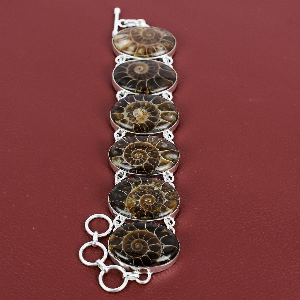 Ammonite Fossil Bracelet Natural Gemstone Jewelry 925 Sterling Silver Bracelet Handmade Boho Jewelry Adjustable Chain Bracelet Gifts For Her