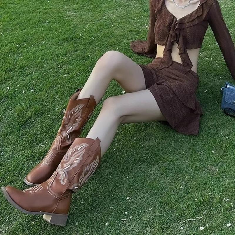 Cowhide version genuine leather western cowboy boots women's new embroidered long knight boots square heel boots summer