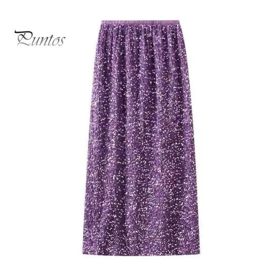 Solid Color Skirt Women Shiny Sequin Decoration Midi Elastic Soft Fabric High Waist Back Slit Design Beach Weddings Comfortable