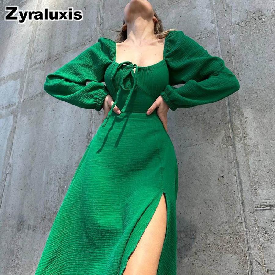 New Autumn Sexy Slit Dress for Women, Long Wrinkle Fabric Midi Skirt Female French Style Long Sleeve Square Neck Dress