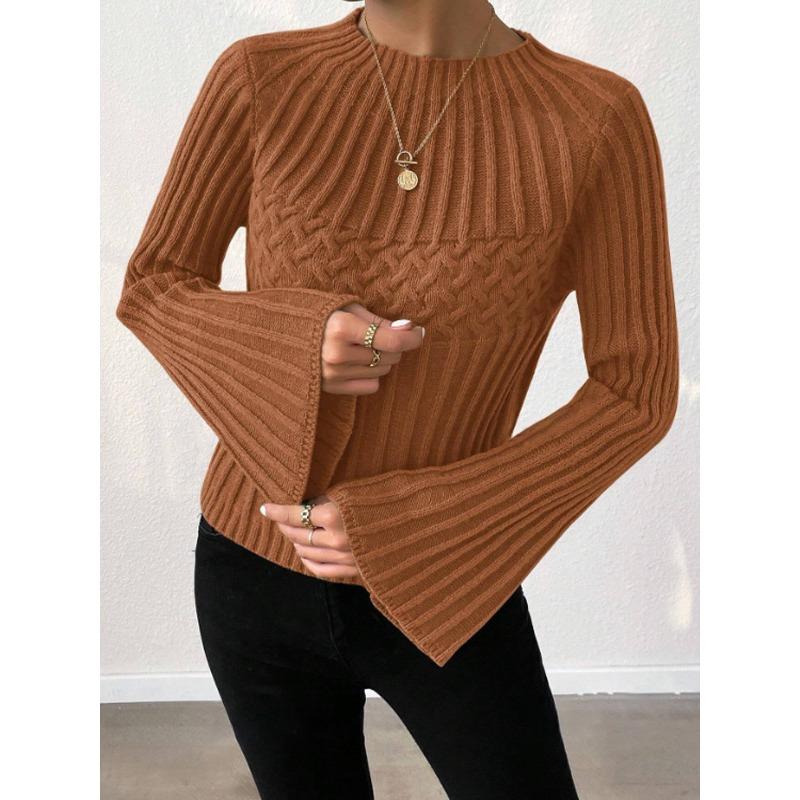 Wiosna jesień Swetry dzianinowe rękaw dzwon luźny Sweter Top Damski okrągły dekolt Damski Casual jednolity Sweter bazowy Pulower damski