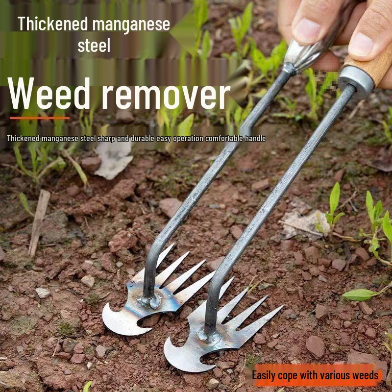 Dual-Use Steel Gardening Rake and Hoe with Saw Blade for Weeding and Root Pulling