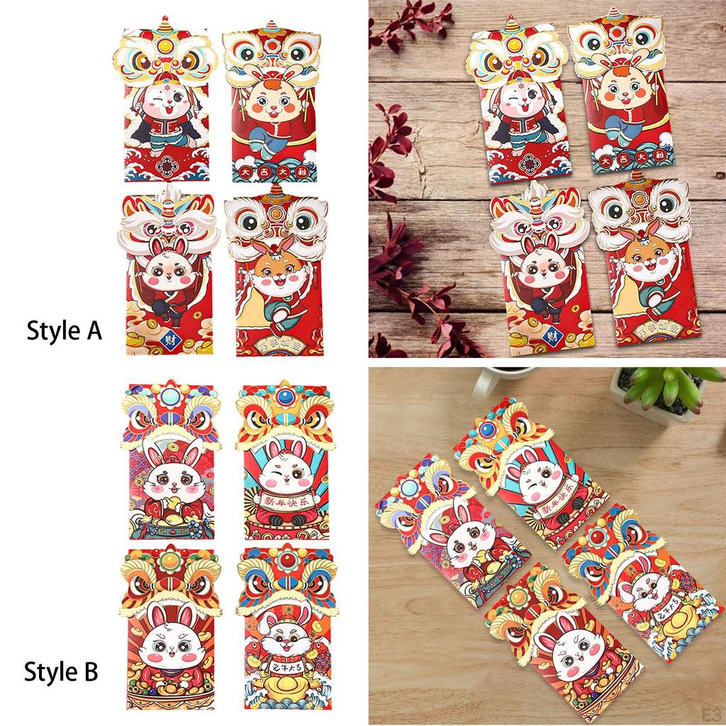 4 Stück Chinesische Rote Umschläge Jahr Hong Bao Festival Zubehörpaket Cartoon-Taschen für Party