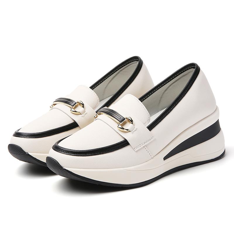 Women Slip on Platform Loafers Casual Leather Business Office Shoes Thick Sole Height Increase Shake Shoes Large Size