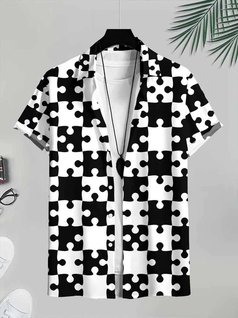 Men's Casual Black and White Puzzle Plaid All-Over Print Shirt, a Perfect Gift
