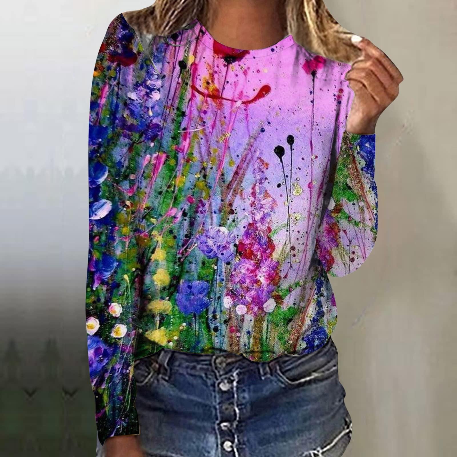 

Женская мода повседневный топ с длинным рукавом с цветочным принтом и круглым вырезом M разноцветный