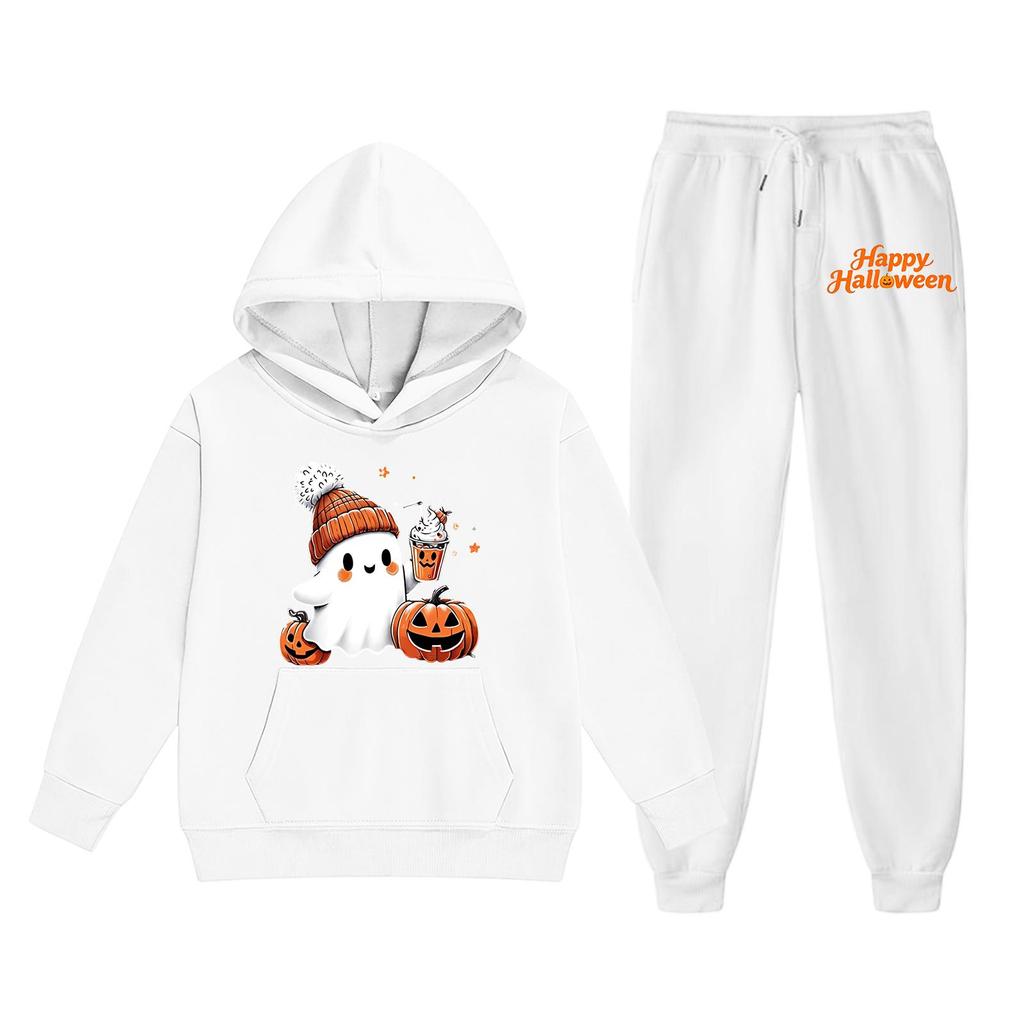 Kids Halloween Hoodie and Sweatpants Set Ghost Pumpkin Print Long Sleeve Pullover Top and Elastic Waist Bottoms Casual Outfit for Children