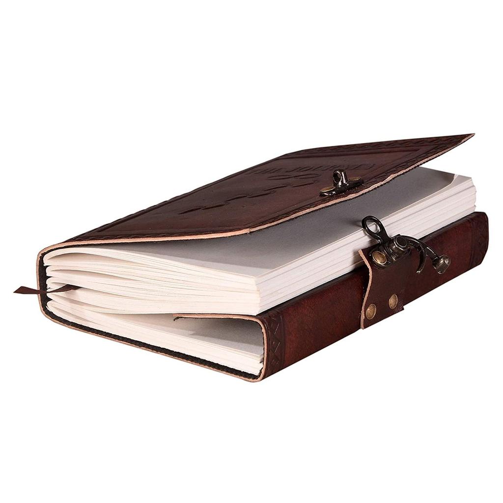 Handmade Leather Diary Embossed with Star, Journey & Double Wolf Diary with Antique Lock. Size 5 X 7 Inches.