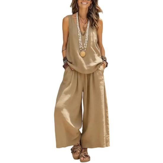 

Women s Summer Sleeveless 2 Piece Outfit V Neck Top And Wide Leg Pants Set Casual Vacation Matching Lounge Set S хаки