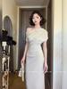 2026 Elegant Korean One-Shoulder Bodycon Dress - Spring/Summer Slim-Fit with Flowy Collar