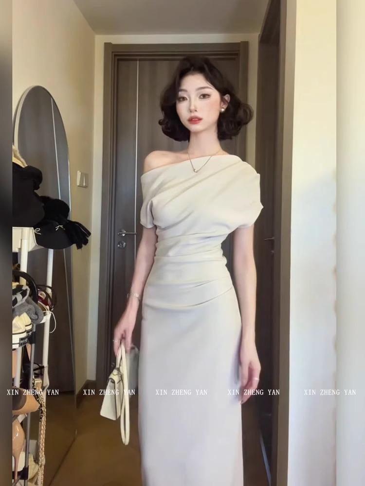 2026 Elegant Korean One-Shoulder Bodycon Dress - Spring/Summer Slim-Fit with Flowy Collar