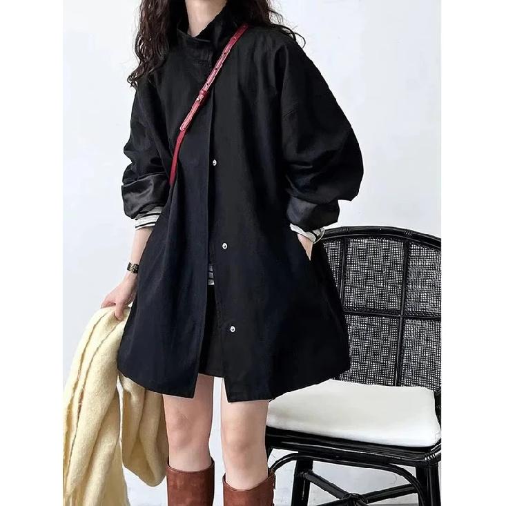 2026 Herbst Damenmantel Hoher Stehkragen Druckknopf Tief angesetzte Schultern Lockerer Trenchcoat mit Taschen