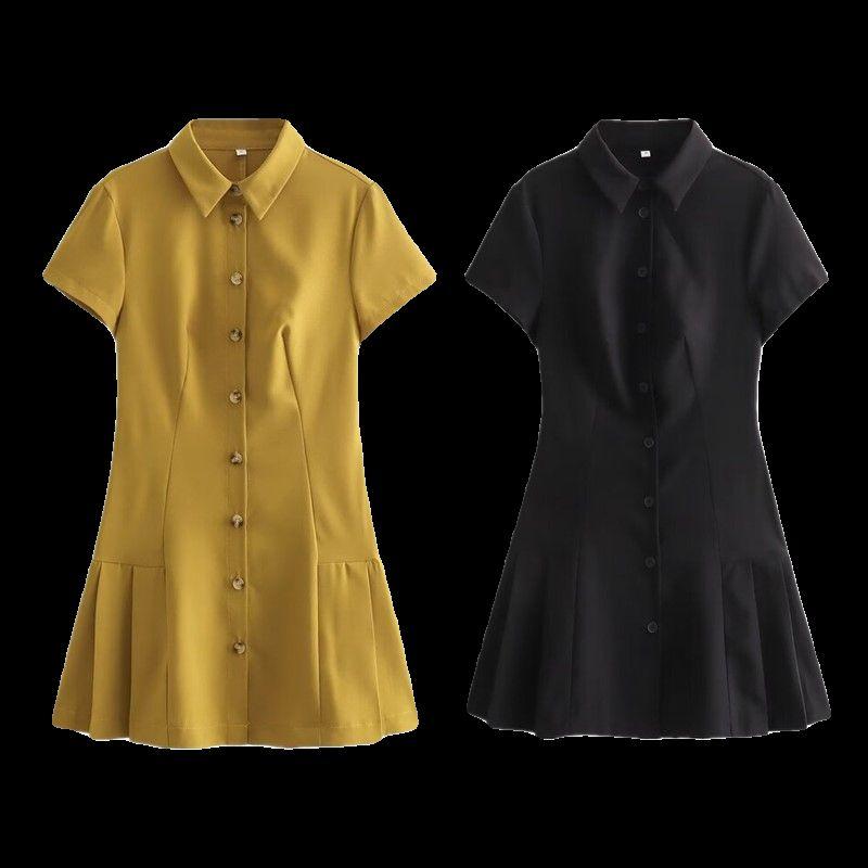 Fashion Style 2024 Summer New Arrival Women's Wide Pleated Black Dress Shirt Style Mini Dress 2674870