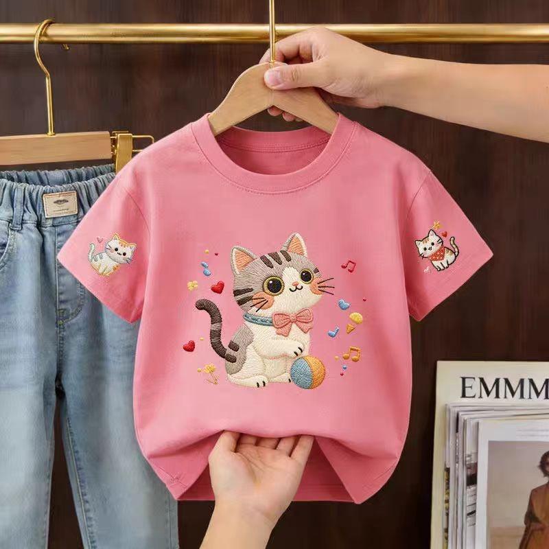 2026 Summer Children's Short-Sleeved Cute Cartoon Cat Print Baby Soft Cotton Multi-Purpose Loose-Fitting Breathable T-Shirt