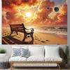 2D Beach Bench Sunset Backdrop Cosmic Planets Photography Background
