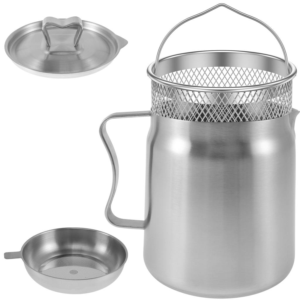1.5-2L Stainless Steel Oil Strainer Pot with Strainer Dust-Proof Lid Cooking Oil Strainer Storage Container Grease Keeper Filter