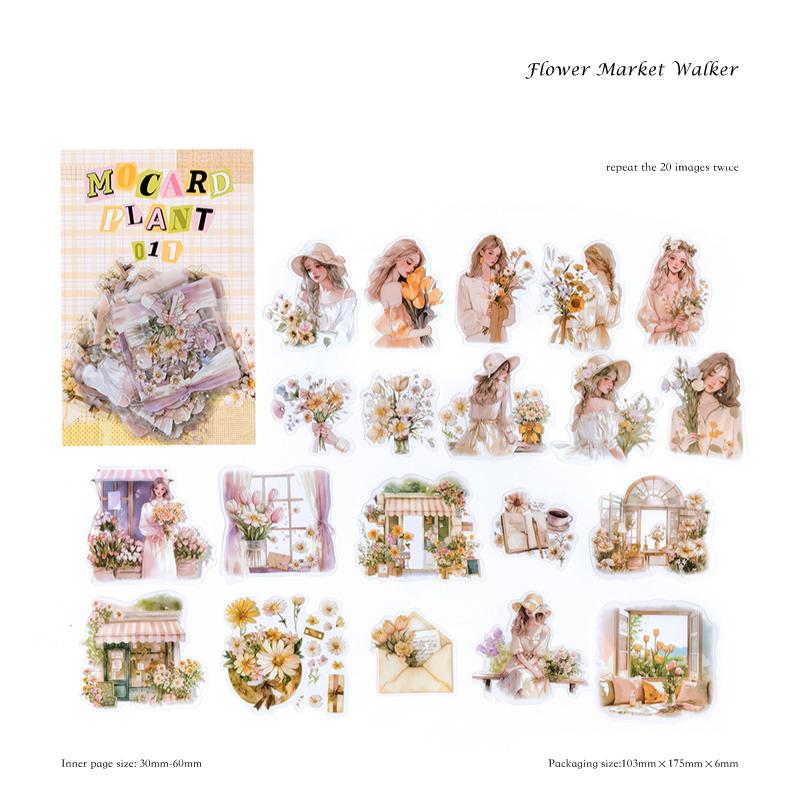 40 Sheets/bag Stickers PET Retro Illustration Girl Plant Character Sticker for Manual Splicing Materials Pack DIY Decoration