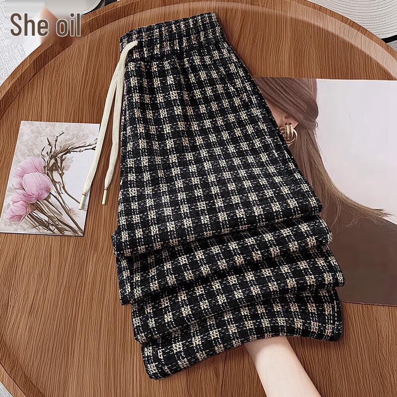 

Women s High-Waist Plaid Drawstring Casual Pants L